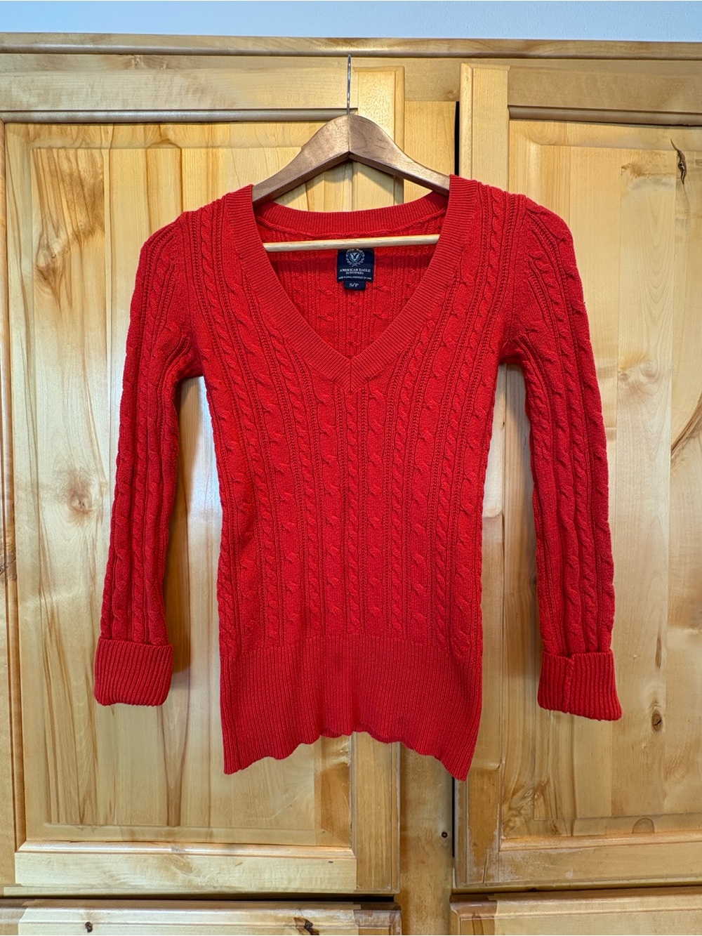 American Eagle Outfitters vintage Red Cable-Knit V-Neck Sweater